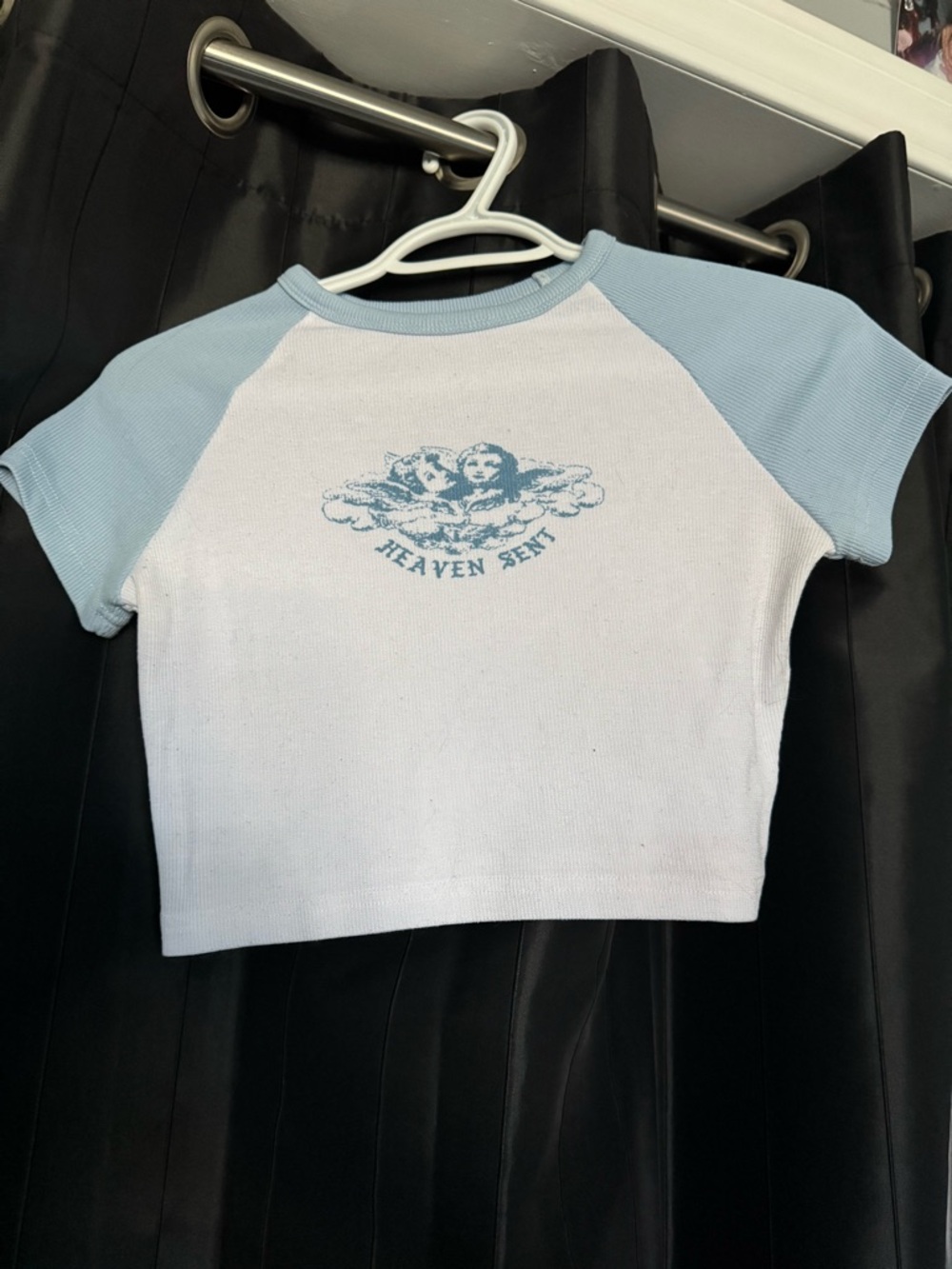 Cropped Fitted White & Baby Blue Raglan Angel Tee with 'Heaven Sent' Graphic